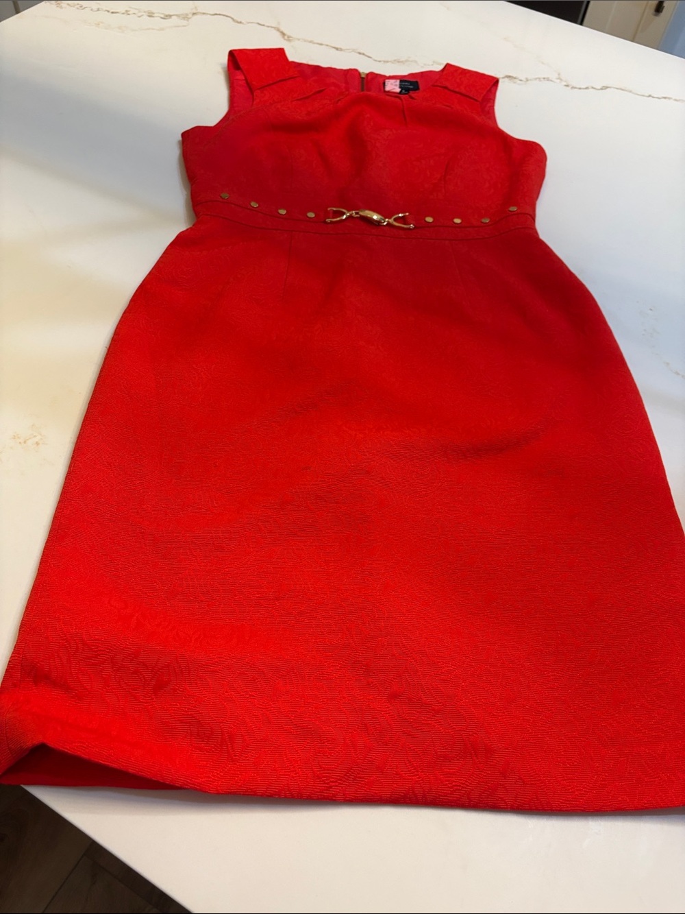 Bright Orange Sleeveless Belted Sheath Dress